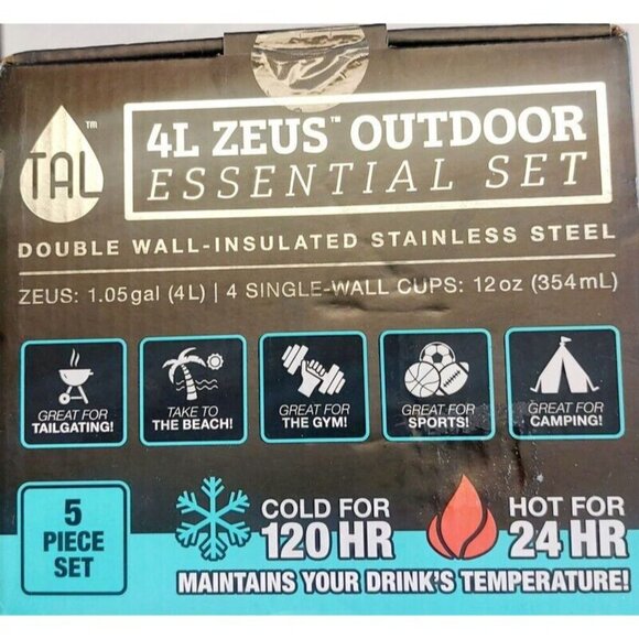 TAL 4L Zeus Outdoor Essential 5 Piece Set 4L Bottle With 4 12oz Stainless Steel - Picture 2 of 7